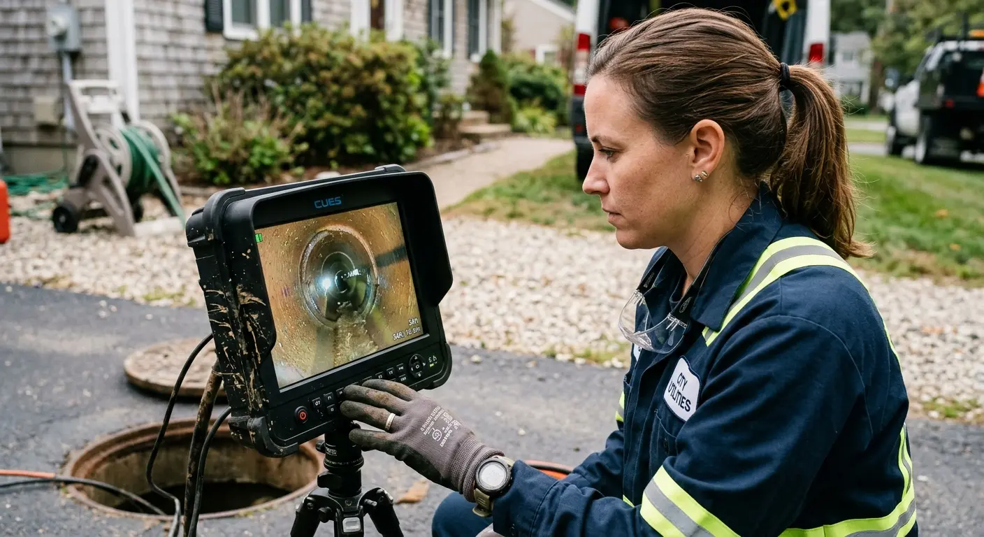 Technician reviewing sewer camera inspection footage in Stillwater