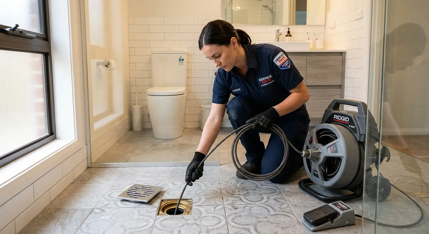 Technician clearing a bathroom floor drain for Drain Cleaning in Stillwater